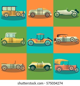 Retro cars and old classic and vintage sport autos vector flat icons. Set of antique and veteran collector retractable hardtop cabriolet and roadster model series