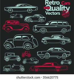 Retro cars outline icons set 2. Vintage linear cars.

