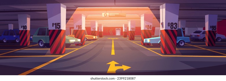 Retro cars parked at underground parking. Vector cartoon illustration of dark basement at night, many autos in garage illuminated with lamps, crossing sign on ground, traffic arrows drawn on road