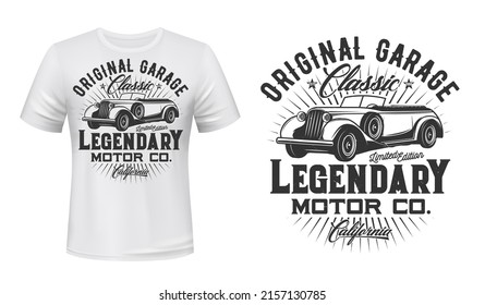 Retro cars service garage station t-shirt vector print. Vintage limousine, luxury cabriolet coupe illustration and typography. Clothing custom design print template with classic automobile