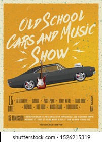 Retro cars show poster or flyer design. Vintage styled vector illustration.