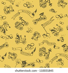 Retro cars sketch on yellow background. Seamless