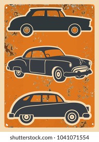 Retro cars stickers set. Vintage auto on grunge background. Vector illustration