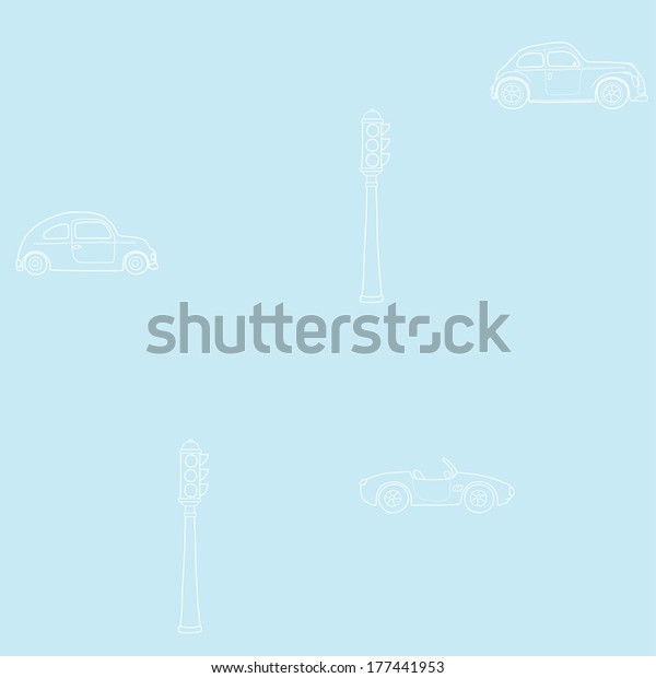retro\
cars and the traffic light on a blue\
background