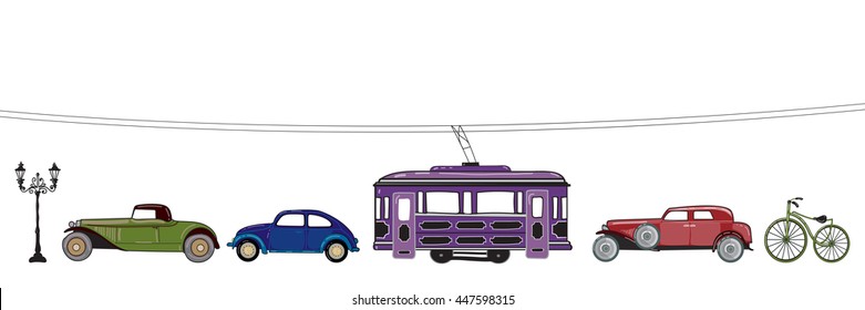 Retro cars, tram, bicycle, street lamp. Vector Illustration.