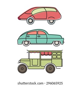 Retro cars vector contour icons