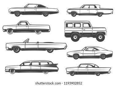 Retro cars and vintage rarity automobile models. Vector luxury limousine or cabriolet with retractable top, crossover pickup truck and sport car sedan or wagon in thin line icons