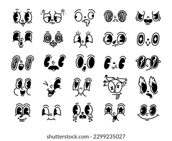 Retro cartoon 30s face. Vintage mascot character faces. Comic old design eyes and mouth. Happy facial emotions with heart, doodle quirky animation, vector collection. Cool, cheerful expressions