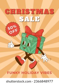 Retro cartoon 70s Christmas sale character.Xmas gift box mascot in groovy style vector illustration. Holiday shopping. Vintage poster, flyer, greeting card. Happy New year. Nostalgia 1970s, 60s