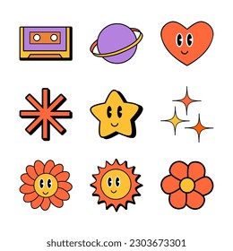 Retro Cartoon 70s set. Flor divertida, amor, corazón, margarita, estrella, etc. Empaque de pegatinas en el moderno estilo de dibujos animados psicodélicos retro groovy. Ilustración vectorial aislada.