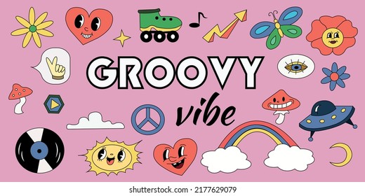 Retro cartoon 70s stickers collection. Set with groovy elements. Illustration in flat style.