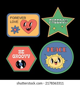 Retro cartoon 70s stickers collection. Illustration in flat style. 