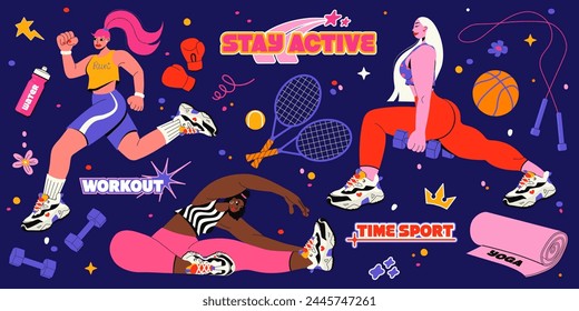  Retro cartoon abstract characters and elements of fitness training concept. Vector flat illustration in groovy style with active workout women in sportswear. 80s nostalgia. Healthy lifestyle.