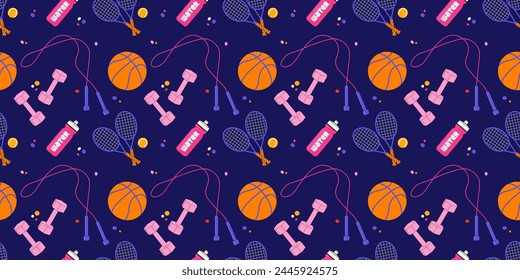 Retro cartoon abstract seamless pattern with sports equipment. Background for wrapping paper, banner, poster, social media. fitness concept. Fitness training concept.Vector flat illustration.