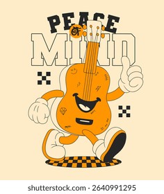 Retro Cartoon Acoustic Guitar Character. Vintage Motivational Poster with aaa Text for T-Shirt or Wall Art