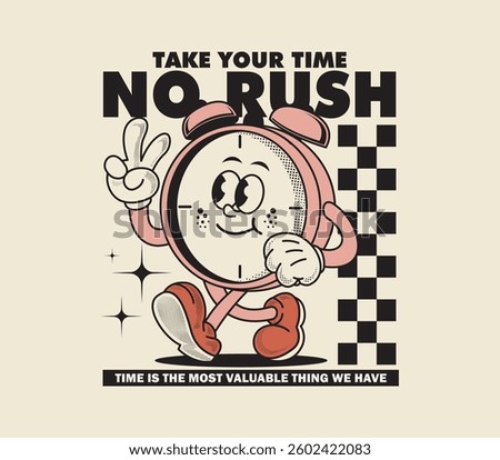 Retro cartoon alarm clock character in a playful vintage comic style with halftone effects. Ideal for stickers, posters, T-shirt designs, and prints. Vector illustration