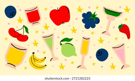 Conjunto de frutas alcohólicas de dibujos animados retro con cócteles y frutas jugosas. Ilustraciones divertidas inspiradas en bebidas de verano y sabores frescos