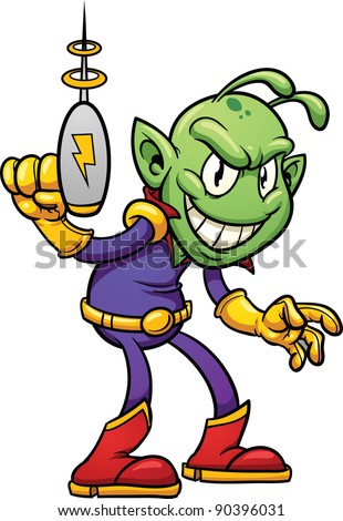 Retro cartoon alien holding a ray gun. Vector illustration with simple gradients. All in a single layer.