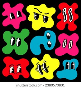 Retro cartoon amoeba shape funny faces. Groovy vintage 30s 60s 70s minimalistic faces with various emotions on abstract shapes