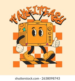 Retro Cartoon Analog Tv Mascot. Vintage Motivational Poster with Take It Easy Quote for T-Shirt or Wall Art