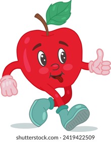 Retro cartoon apple mascot in the groove style. Vector illustration of a cute apple. Nostalgia of the 60s, 70s, 80s.Hand-drawn funny cartoon character in retro vintage fashion style.