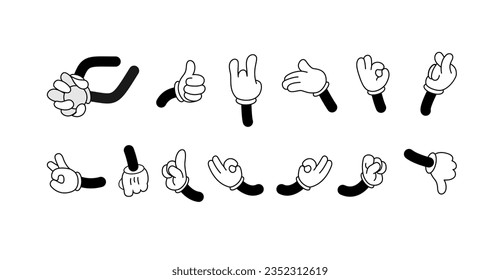 Retro cartoon arms gestures and hands poses. Comic funny character hands in glove. Vector illustration
