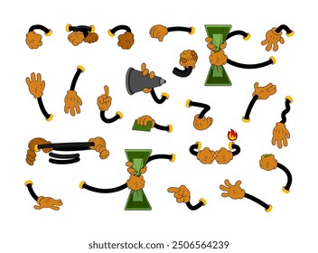 Retro cartoon arms gestures and hands poses. Comic funny character hands in glove. Vector illustration
