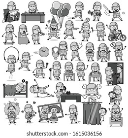 Retro Cartoon Army Man Character - Set of Concepts Vector illustrations
