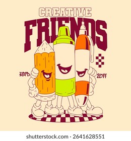 Retro Cartoon Art Tools Character. Vintage Motivational Poster with Creative Friends Text for T-Shirt or Wall Art