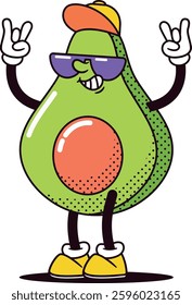 Retro cartoon avocado fruit vector illustration