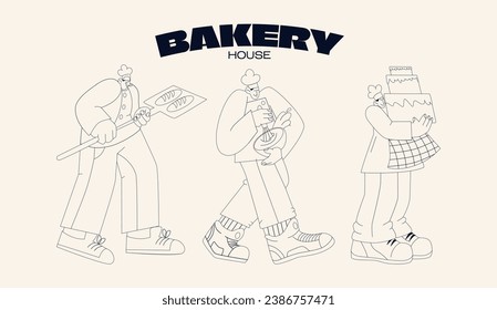 Retro cartoon bakery cooking poster in 90s linear style. Bakery, coffee shop, vector banner on isolated white background