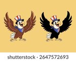 Retro Cartoon Bald Eagle Mascot Set with American Flag Hat and Bandana for 4th of July Celebration