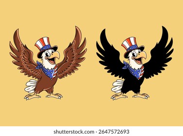 Conjunto retrô de mascote de águia careca, adornado com um chapéu de bandeira americana e bandana, comemorando o 4 de julho do Dia da Independência.