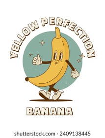 Retro cartoon banana character for packaging, print, poster, promo, market. Vintage tropical fruit mascot vector illustration. 