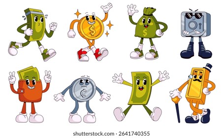 Retro cartoon bank characters, money, finance, business, mascots. Golden coin, bar, dollar banknote, safe, bag with funny face, legs and hands vector set