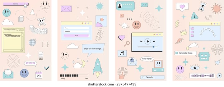 Retro cartoon banner set geometric frames in 90s memphis style user interface elements icons browser computer window nostalgic 90s retro vaporwave post template geek stickers UI UX vector set