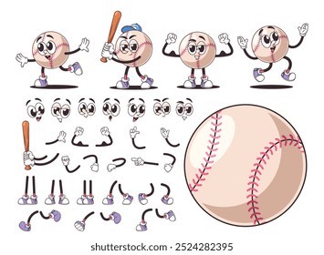 Retro Cartoon Baseball Character Set For Customization. Includes Various Facial Expressions, Arms, Legs And Accessories