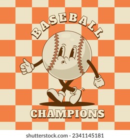 Cartel retro de la mascota de béisbol, impreso. Ilustración vectorial del personaje de la bola de juego de vintage. Evento deportivo, banner de campeonato. Diseño para camiseta