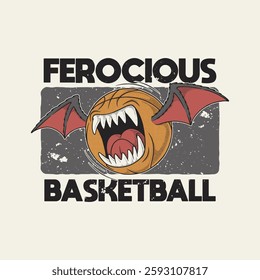 retro cartoon basketball with fangs and wings