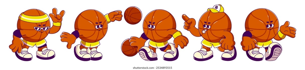 Retro cartoon basketball mascots in dynamic poses. Playful character wearing sneakers, yellow headband and uniform elements. Animated figure in different movements and expressions while handling ball.