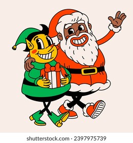 Retro cartoon black Santa Claus and Christmas Elf. Groovy vintage 70s funny Santa and Elf characters walking arm in arm.