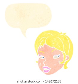 retro cartoon blond female face with speech bubble