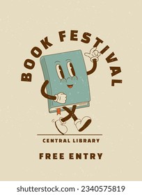 Retro cartoon book festival or a sale in a bookstore ad poster designs.Vintage bookshop mascot vector illustration. Central library edication enent. Nostalgia