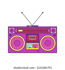 Retro Cartoon Boombox Vektorgrafik. Funky Neon bunter 90er Jahre, 80er Jahre Vintage-Radio-Kassettenrekorder-Design einzeln auf weißem Hintergrund