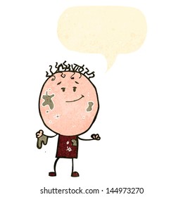 retro cartoon boy covered in mud