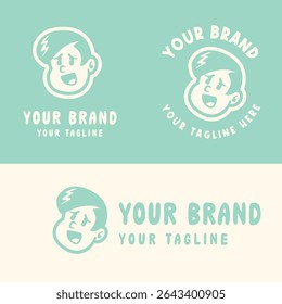 Retro cartoon boy logo with angry expression in blue and white. Perfect for playful, edgy, or youth-oriented branding. Editable EPS vector for scalable use in any design project