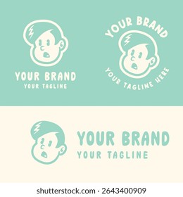 Retro cartoon boy logo with angry expression in blue and white. Perfect for playful, edgy, or youth-oriented branding. Editable EPS vector for scalable use in any design project