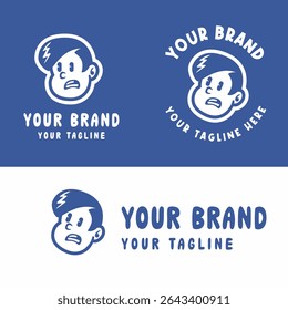 Retro cartoon boy logo with angry expression in blue and white. Perfect for playful, edgy, or youth-oriented branding. Editable EPS vector for scalable use in any design project