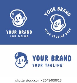 Retro cartoon boy logo with angry expression in blue and white. Perfect for playful, edgy, or youth-oriented branding. Editable EPS vector for scalable use in any design project