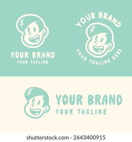Retro cartoon boy logo with angry expression in blue and white. Perfect for playful, edgy, or youth-oriented branding. Editable EPS vector for scalable use in any design project